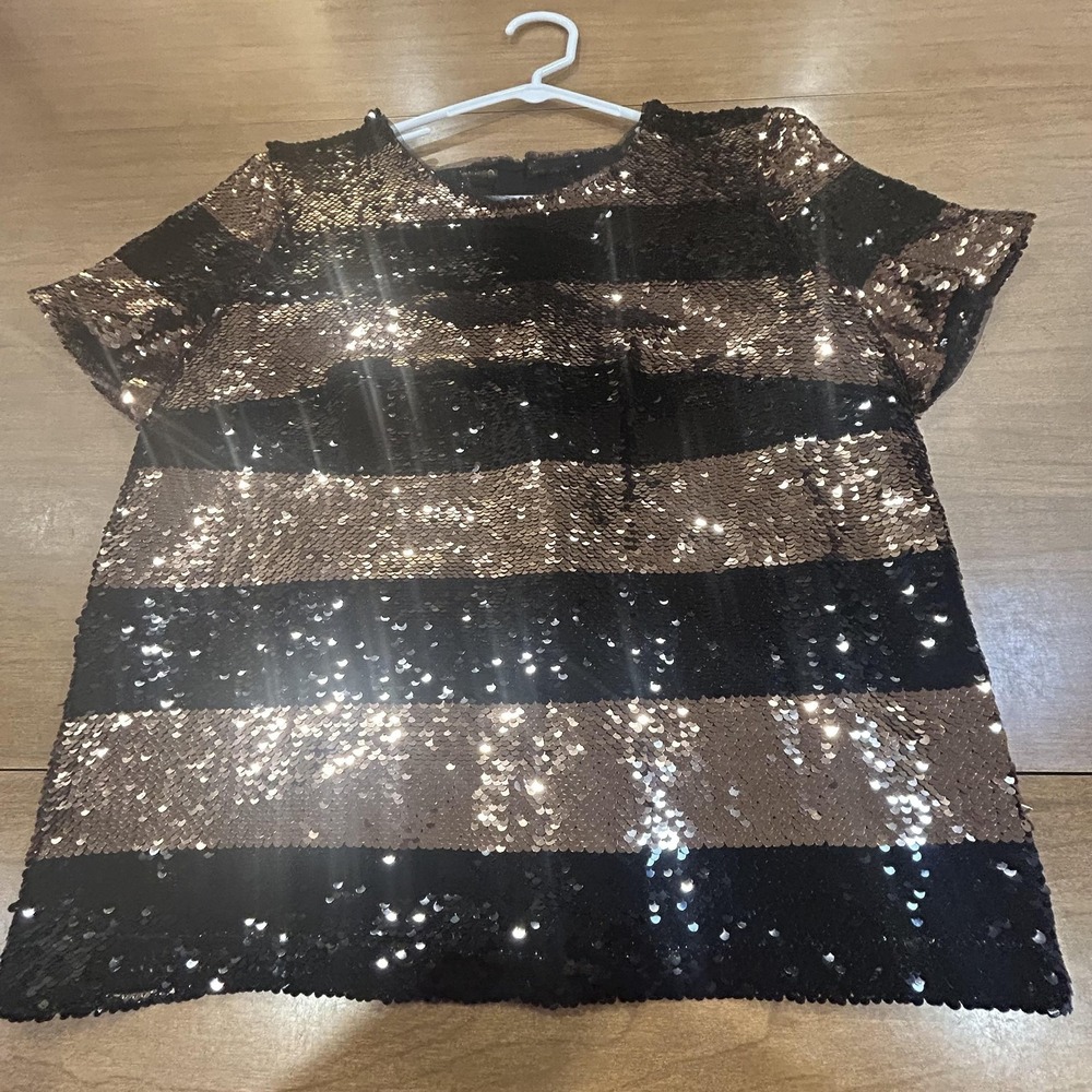 Maeve Blouse Womens Medium‎ Black Gold Sequin Stripe Short Sleeve Party Top